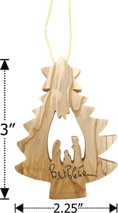 3"H OLIVE WOOD CARVED NATIVITY ORNAMENT/TREE SHAPE