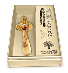 3.75"  OLIVE WOOD HOLDING CROSS W/GOOD SHEPHERD AND CONFIRMATION CARD